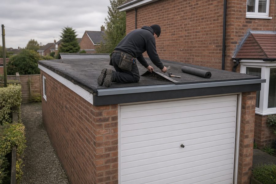 Garage roof repair in Ormskirk Flat felt garage roof in need of repair in Ormskirk