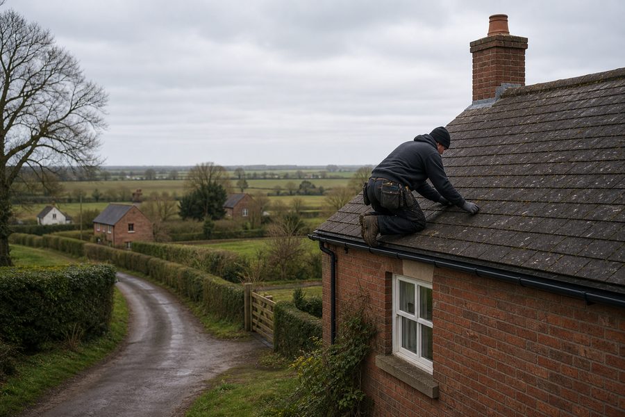 Rural church and farm rooflines in Halsall near Ormskirk