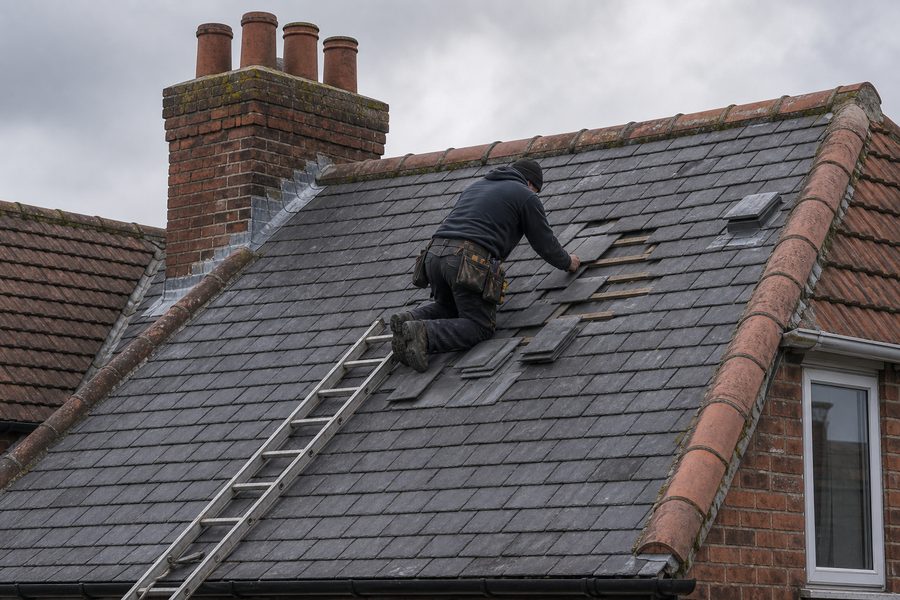 Slipped slates and ridge tiles on an Ormskirk pitched roof